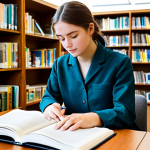 A focused university student, fully clothed in modest, comfortable academic attire, is quietly studying at a wooden desk in a well-lit, professional library. They are surrounded by shelves filled with diverse health science textbooks, with an open foundational anatomy book in front of them. The atmosphere is calm and conducive to learning. This image should have perfect anatomy, correct proportions, natural pose, well-formed hands, and proper finger count. The overall impression is one of dedicated professional study, safe for work, appropriate content, and family-friendly.