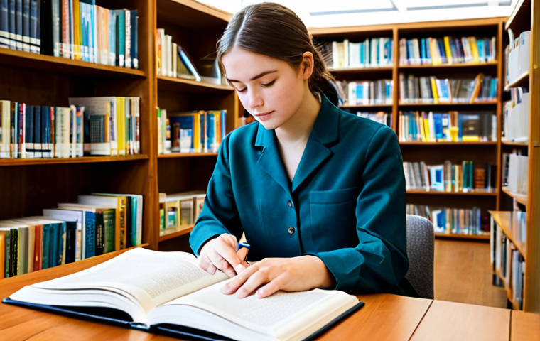 A focused university student, fully clothed in modest, comfortable academic attire, is quietly studying at a wooden desk in a well-lit, professional library. They are surrounded by shelves filled with diverse health science textbooks, with an open foundational anatomy book in front of them. The atmosphere is calm and conducive to learning. This image should have perfect anatomy, correct proportions, natural pose, well-formed hands, and proper finger count. The overall impression is one of dedicated professional study, safe for work, appropriate content, and family-friendly.