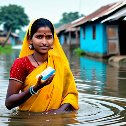 Home 6 **
A fully clothed female health worker wearing a modest sari, providing clean water and distributing water purification tablets in a flood-affected village in Bangladesh. Safe for work, appropriate content, family-friendly, perfect anatomy, natural proportions, well-formed hands, professional photography. The background shows simple homes partially submerged in water and villagers waiting patiently.
**