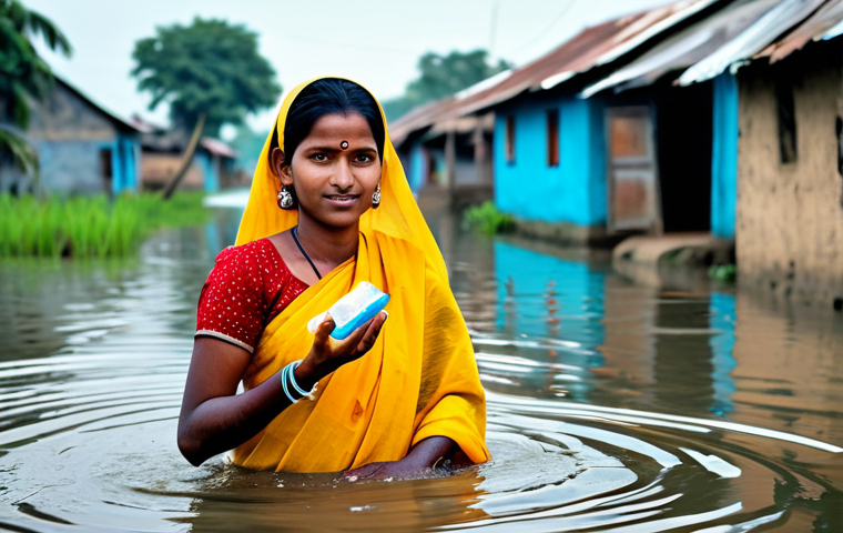 **

A fully clothed female health worker wearing a modest sari, providing clean water and distributing water purification tablets in a flood-affected village in Bangladesh. Safe for work, appropriate content, family-friendly, perfect anatomy, natural proportions, well-formed hands, professional photography. The background shows simple homes partially submerged in water and villagers waiting patiently.

**