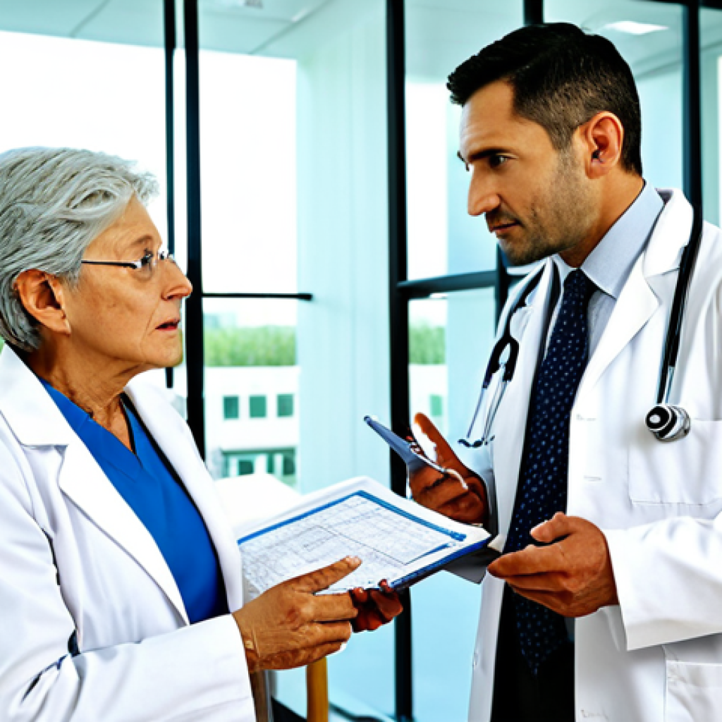 ** A compassionate doctor in a fully clothed, professional white coat, gently explaining a medical chart to a fully clothed, concerned elderly patient in modest attire. The setting is a bright and modern hospital room. Safe for work, appropriate content, perfect anatomy, natural pose, high quality.

**