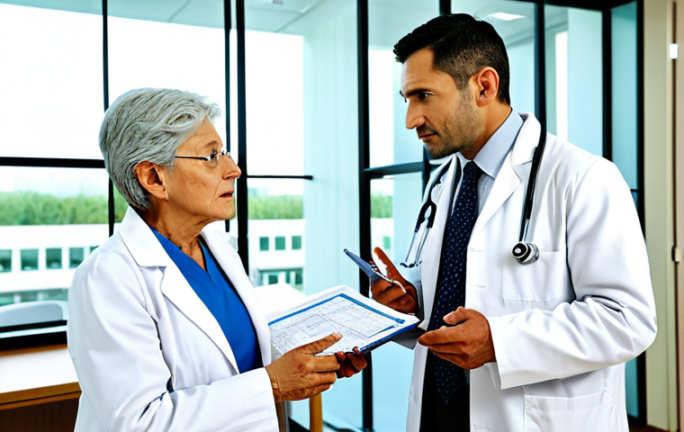 ** A compassionate doctor in a fully clothed, professional white coat, gently explaining a medical chart to a fully clothed, concerned elderly patient in modest attire. The setting is a bright and modern hospital room. Safe for work, appropriate content, perfect anatomy, natural pose, high quality.

**
