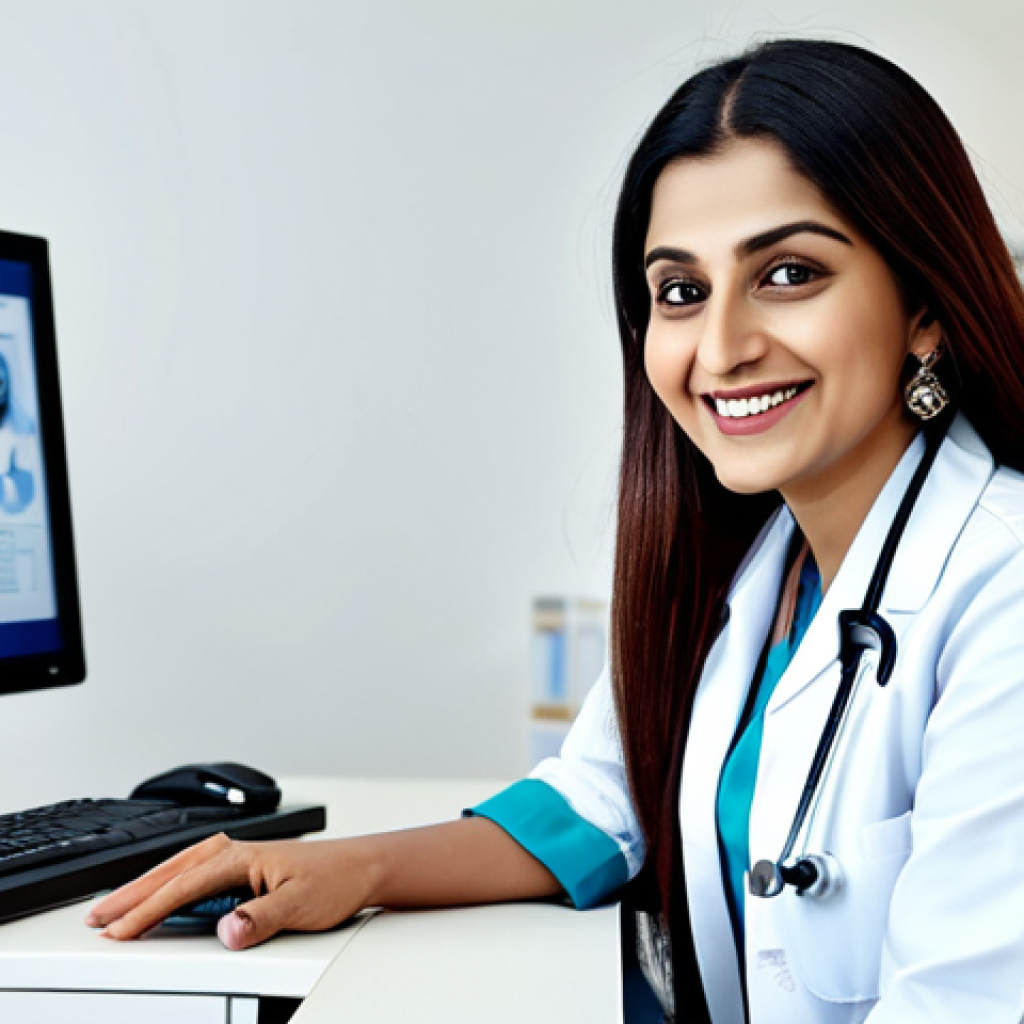 보건학에서의 원격 진료 - "A professional female doctor in a fully clothed, modest salwar kameez, smiling warmly while consult...