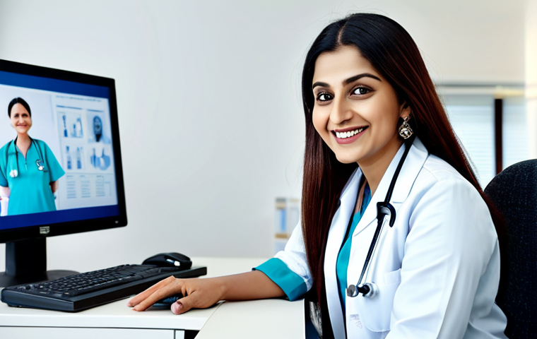 보건학에서의 원격 진료 - "A professional female doctor in a fully clothed, modest salwar kameez, smiling warmly while consult...