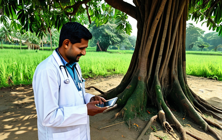 보건학에서의 원격 진료 - "A professional female doctor in a fully clothed, modest salwar kameez, smiling warmly while consult...