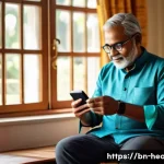 보건학과 건강 관리 기술 - A detailed scene of a middle-aged Bengali man using a mobile health app on his smartphone at home, w...