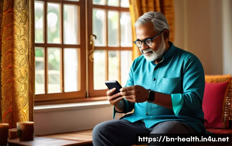 보건학과 건강 관리 기술 - A detailed scene of a middle-aged Bengali man using a mobile health app on his smartphone at home, w...