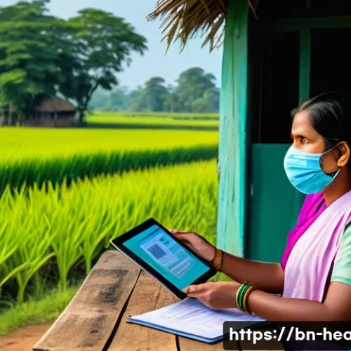 보건학에서의 데이터 분석 - A detailed and vibrant illustration of a rural healthcare data collection scenario in Bangladesh, fe...