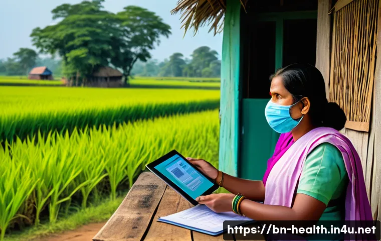 보건학에서의 데이터 분석 - A detailed and vibrant illustration of a rural healthcare data collection scenario in Bangladesh, fe...