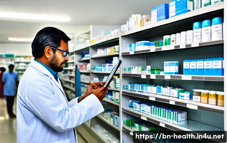 보건학에서의 의약품 정책 - A detailed illustration of a busy government hospital pharmacy in Bangladesh, showing shelves with w...