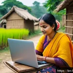 보건학에 대한 정부의 지원 - A warm and inviting rural telemedicine scene in Bengal, showing a middle-aged Bengali woman in tradi...