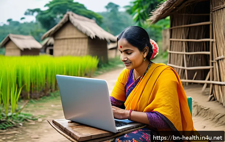보건학에 대한 정부의 지원 - A warm and inviting rural telemedicine scene in Bengal, showing a middle-aged Bengali woman in tradi...