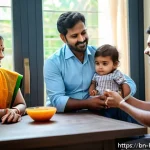 보건학에서의 아동 건강 - A caring Bengali family in a modern home setting using a smart health monitoring device on their tod...