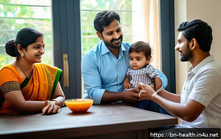 보건학에서의 아동 건강 - A caring Bengali family in a modern home setting using a smart health monitoring device on their tod...