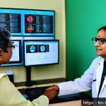 보건학 전공 필수 과목 - A modern clinic interior scene showing a Bengali doctor using a sleek digital health record system o...