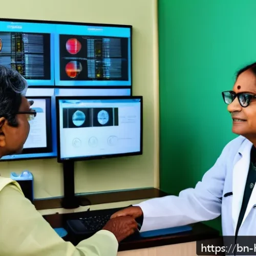 보건학 전공 필수 과목 - A modern clinic interior scene showing a Bengali doctor using a sleek digital health record system o...