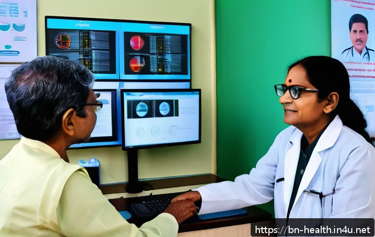 보건학 전공 필수 과목 - A modern clinic interior scene showing a Bengali doctor using a sleek digital health record system o...