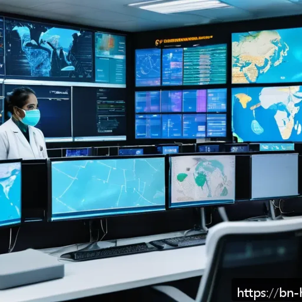 보건학과 WHO - A vibrant scene depicting a diverse group of international health workers in a modern digital contro...