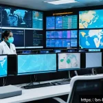 보건학과 WHO - A vibrant scene depicting a diverse group of international health workers in a modern digital contro...
