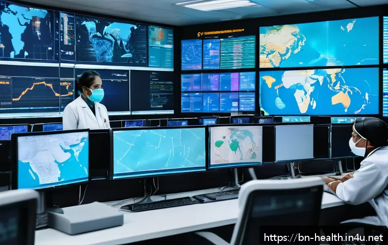 보건학과 WHO - A vibrant scene depicting a diverse group of international health workers in a modern digital contro...