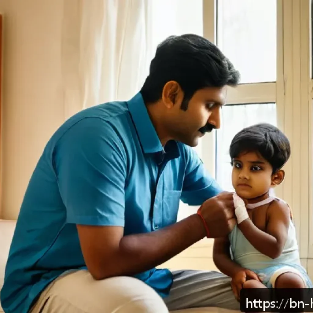 보건학과 응급처치 - A calm and focused Bengali man in his 30s assessing a minor injury on a child wearing a diaper, in a...