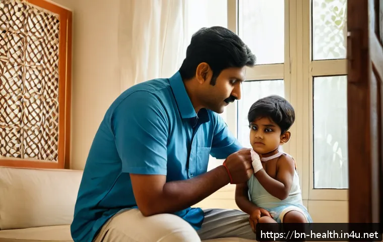보건학과 응급처치 - A calm and focused Bengali man in his 30s assessing a minor injury on a child wearing a diaper, in a...