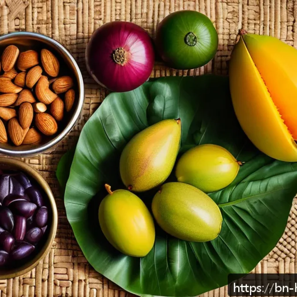 보건학과 심장병 예방 - A vibrant still life composition featuring a variety of fresh, colorful fruits and vegetables native...