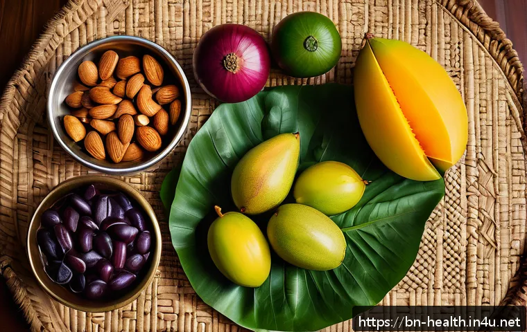 보건학과 심장병 예방 - A vibrant still life composition featuring a variety of fresh, colorful fruits and vegetables native...